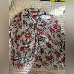 Anthropologie Cream Floral Button-Up Top with Multicolor Bouquet